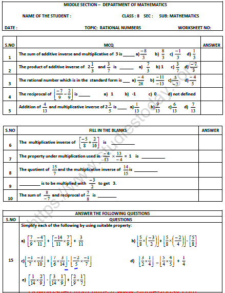 Rational Numbers 8th Class Worksheet